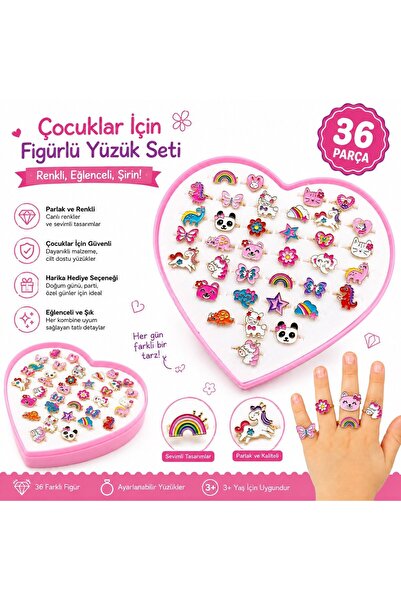 Shopfocus 36 PARÇA RENKLİ FİGÜRLÜ YÜZÜK SETİ SEVİMLİ FİGÜRLER YÜZÜK KALP ŞEKL...
