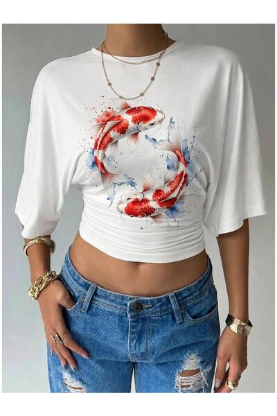 PERISENSE Women's Lycra Bat Sleeve Crop T-Shirt, Fitted at the Waist, Stretch...