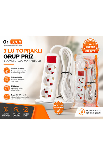 OR-TECH 3'lü Topraklı Grup Priz 3 Metre Uzatma Kablosu