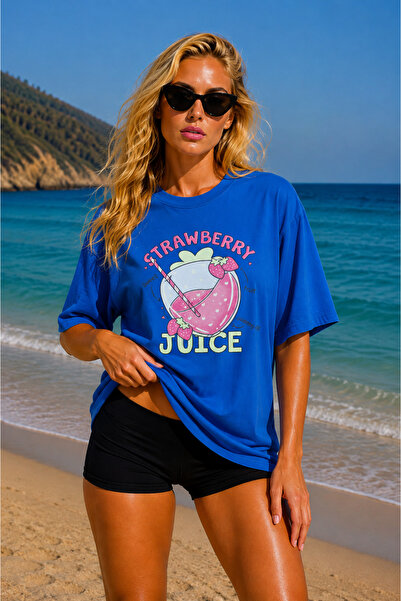 FECCY Tricou oversize pentru femei cu imprimeu Premium Strawberry Juice Trico...