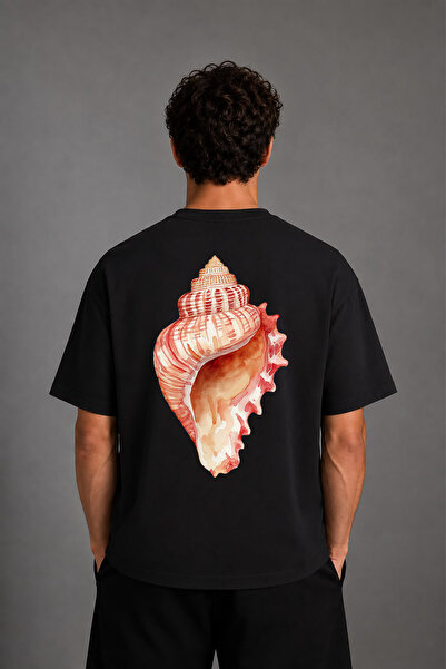 VSRN Sea Shell Design Back Printed Black Oversize T-Shirt