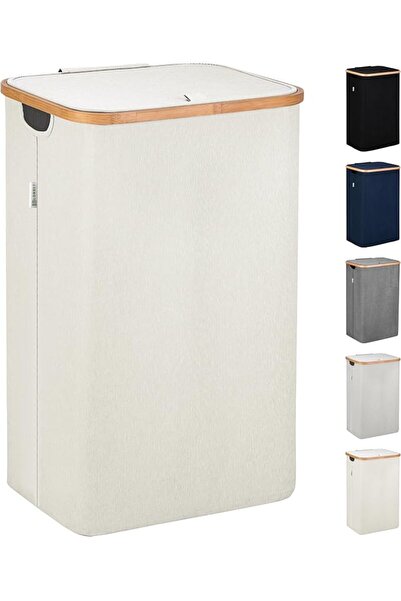 GENERAL Lonbet - Grey Bamboo Laundry Basket with Lid - XL 100 L - Collapsible...