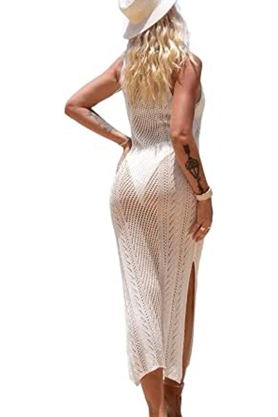 YouKD Women's Knit Vest Long Dress Crochet Robes V Neck Elegant Cover Up Dress