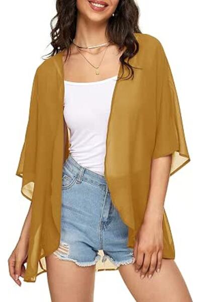 Indian's Women's Solid Puff Sleeve Kimono Cardigan Loose Cover Up Casual Blou...