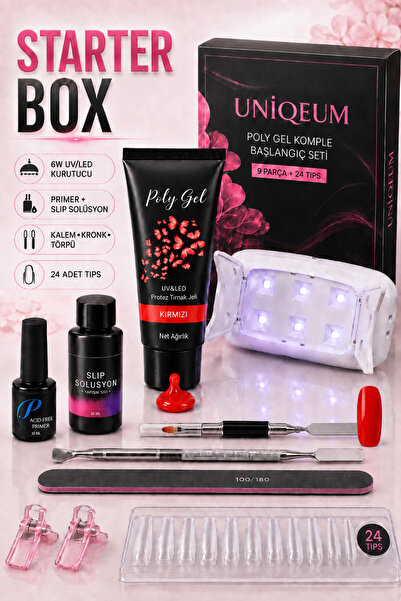 Uniquem Poly Gel Tırnak Uzatma Jel Kırmızı Oje Starter Box 9 Parça + 24 Tips Seti Uv Led Full Paket