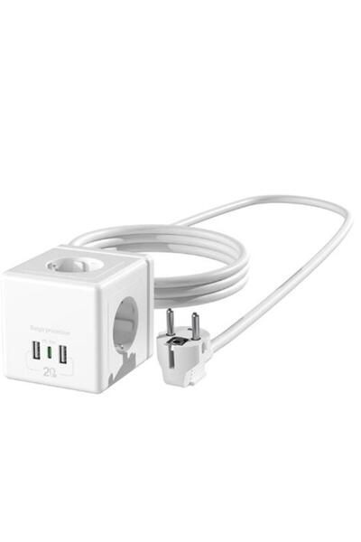 S-LINK PRZ04 4 Soketli 2 USB 1 Type-C PD20 2M 306 Joule Tam Bakır Küp Beyaz A...