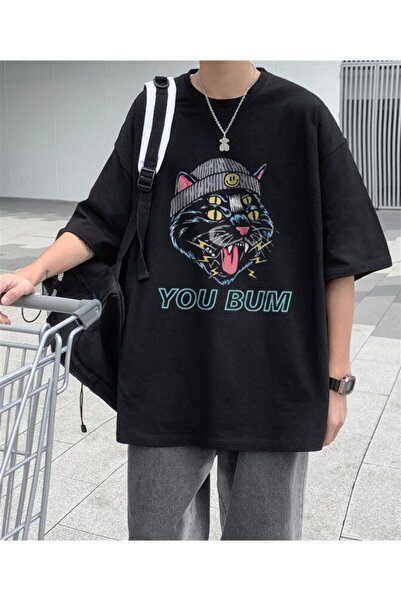 DEEFWEAR Mi̇ngalondon You Bum Cat Printed Black Unisex Oversize T-Shirt