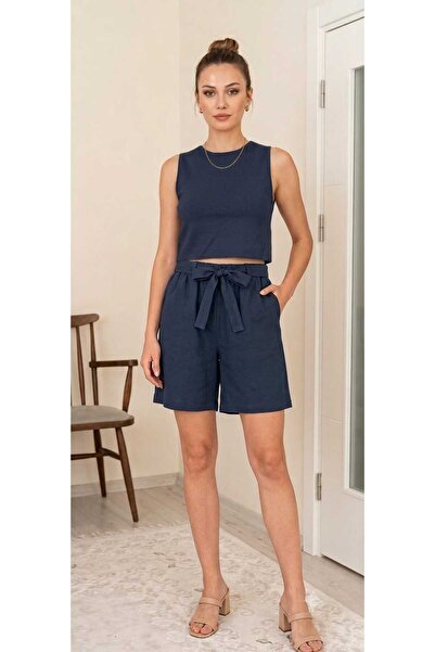 Pubblica Women's Navy Blue Elastic Waist Mona Tie Shorts