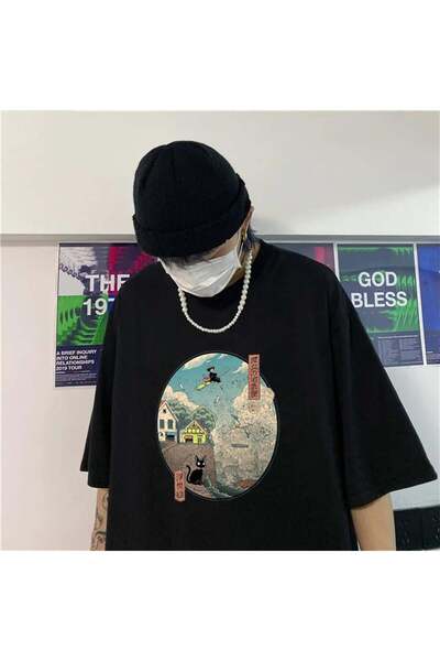 DEEFWEAR Mi̇ngalondon Little Witch Kiki Black Unisex Oversize T-Shirt