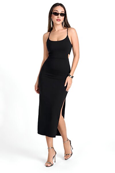 MOVİMENT Siyah Bodycon Midi Kalem Elbise | İnce Askılı Havuz Yaka | Cut Out S...