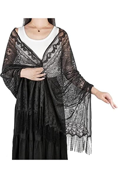 GENERAL Women's Floral Lace Scarf Shawl with Tassels, Soft Mesh Fringe Wraps ...