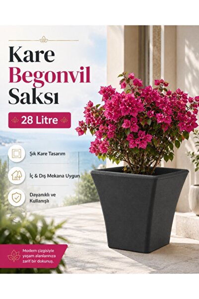Hep İndirimli 38Cm Kare Begonvil Beyaz Saksı - 28 Litre Beton Görünümlü Plast...