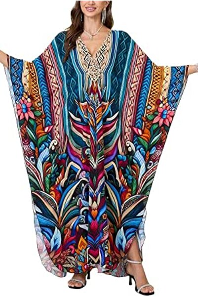 YouKD Summer Long Kaftan Dress Bohemian Roomy Beach Robe Cover Up Plus Size D...