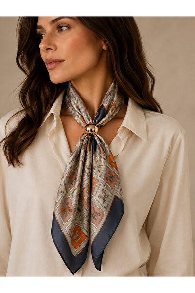 volenta deluxe aksesuar Volenta Deluxe Horse Patterned Satin Scarf & Gold Bro...