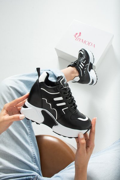 Bymoda New Season Black and White Hidden Wedge Heel Sneakers Heel Height Total 10 cm