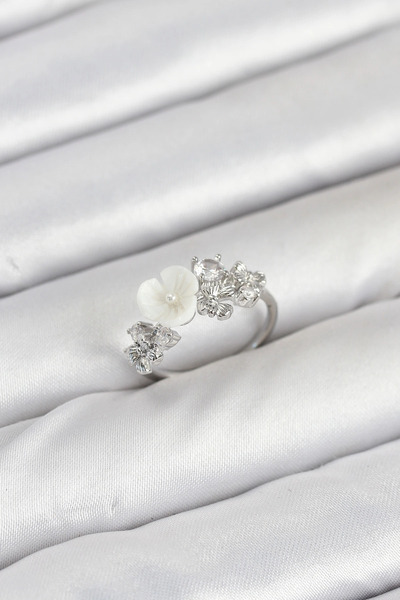 SORA GROUP Brass Silver Color Flower Model Zircon Stone Women's Ring