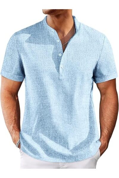 Runcati Mens Henley Shirts Short Sleeve Casual Linen Band Collar T-Shirt Summ...