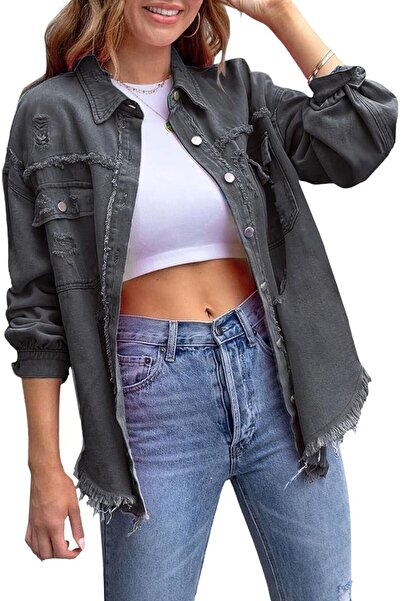 Generic Women's Casual Denim Jackets Frayed Hem Washed Button Jean Jacket Dis...