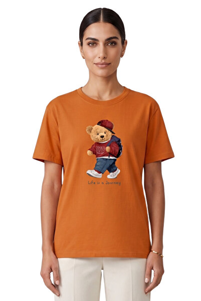 DK DAKSEL Women's Orange Teddy Bear Printed T-Shirt Life Is a Journey Comfort...