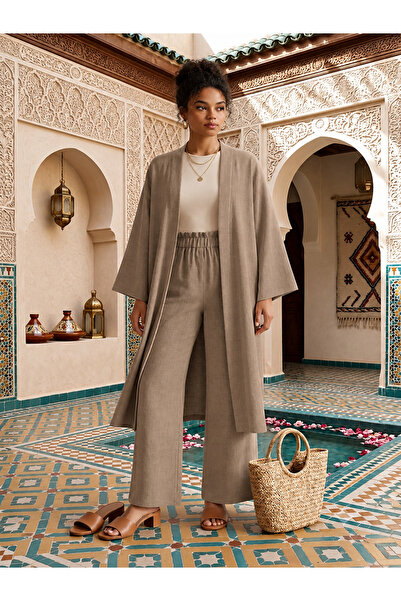 SHE BEST Sofya Linen Fabric 120 cm Kimono Top and Bottom Two-Piece Set