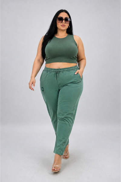 MOTIVATION Plus Size Akar Fabric Mom Elastic High Waist Lace-Up Cuff Button D...
