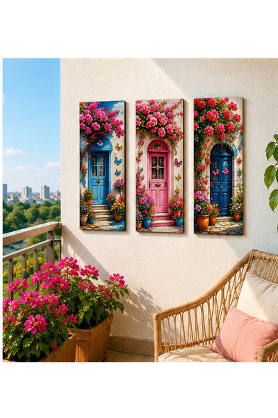 acargrafik Çiçekli Pencere 3 Parçalı MDF Tablo