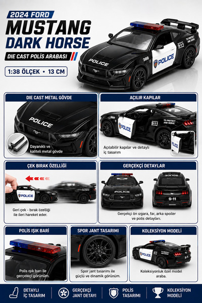 YILDIRIM OYUNCAK Die Cast 2024 Ford Mustang Dark Horse Polis Arabası 13cm – 1:38 Ölçek Metal Gövdeli Açılır Kapılı Çek Bırak Koleksiyon Model Araba