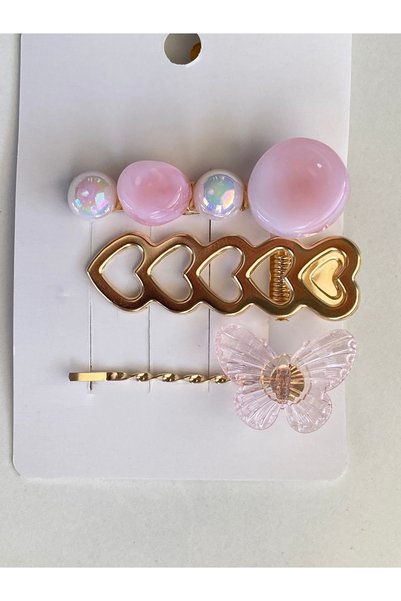 Ustaeller Set of 3 Clasps in Pink Color with Hearts, Metal and Butterflies
