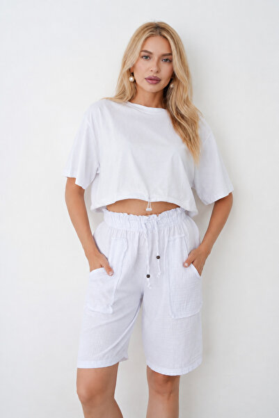 saint majesta Women's Muslin Shorts High Waist with Pockets Oversize 100% Cotton