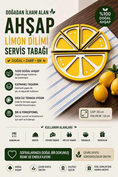 ROKH Ahşap Limon Dilimi Servis Tabağı | Dekoratif Peynir Meyve İkramlık Tabağ...