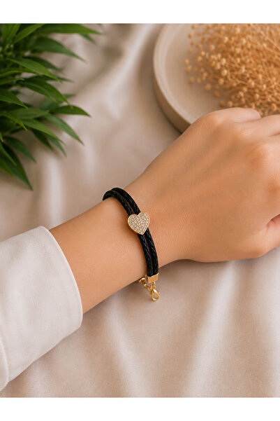 FASHION Jewelry Black Braided Leather Look Heart Stone Women's Bracelet