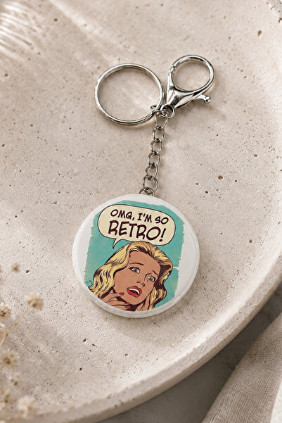 Retro Pop Art Tasarımlı "OMG I'm So Retro" Temalı Metal Halka Ve Klipsli Yuvarlak Anahtarlık