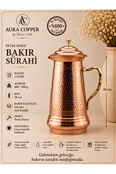 AURA COPPER Petek Desenli Bakır Sürahi 2 L Kapaklı Bakır Renk Gaziantep El İş...