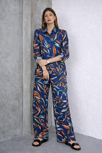 SheLoria Women's Navy Blue Floral Patterned Viscose Shirt and Trousers Set