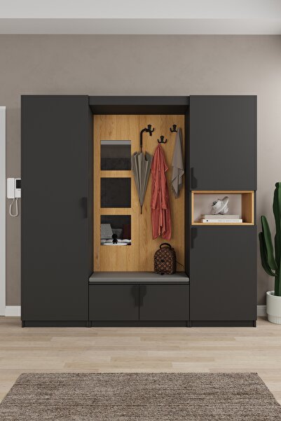 asratrend Lüks Aynalı Portmanto Askılı Vestiyer %100 MDF Çok Raflı Ayakkabılı...