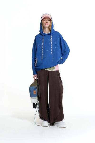 #vdr viadellerose Saks Blue Stone Detailed Lace-Up Hooded Sweatshirt with Pai...