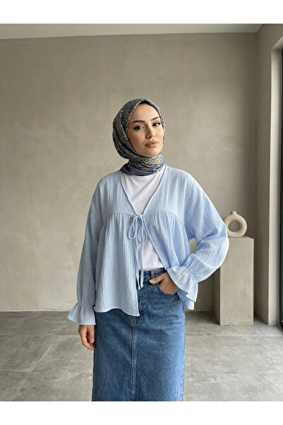 Naknaku Short Kimono with Tie Front-Blue