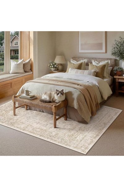GENERAL PureCozy Vintage Living Room Rug 200x300cm Retro Washable Non Slip Area Rugs Beige Large Carpets Bed