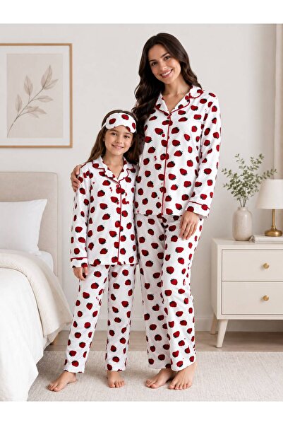 Fil Kids Mother-Daughter White Strawberry Patterned Winter Shirt Collar Butto...