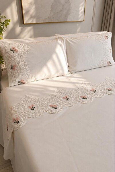 Çeyiz Diyarı Set cuvertură de pilota cu broderie Nevra, 6 piese, crem - pudră