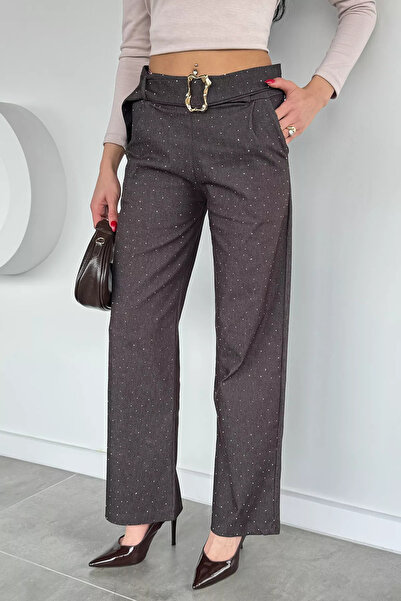 Aryena Dark Brown Women's Belt Buckle Stone Detailed Trousers