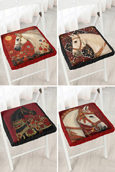 Realhomes Ottoman Style White and Black Horse Figured Red Patterned 4-Piece F...