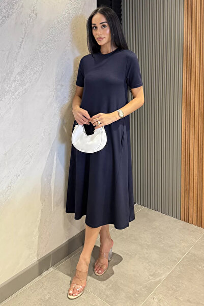 Aryena Navy Blue Women's Crew Neck Dress with Pockets