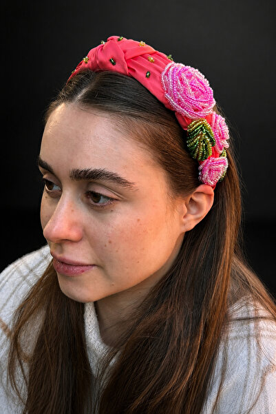 ByMerve Bym2004 Pomegranate Flower Pink Hand Embroidered Women's Hair Crown E...
