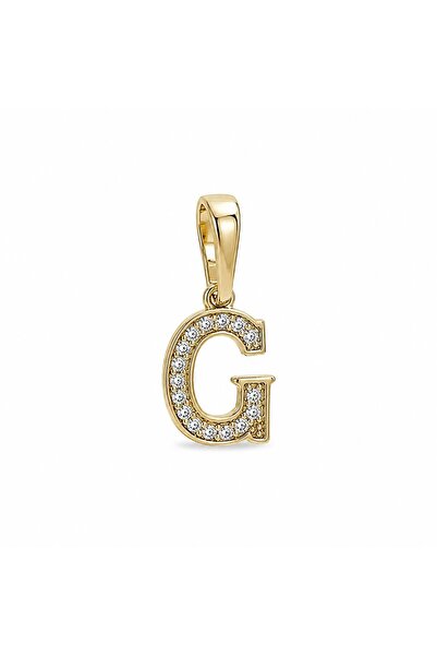 Zeino G Harfi Zirkon Taşlı Minimal Kolye Ucu - 14k Altın Kaplama - 8 x 18 mm