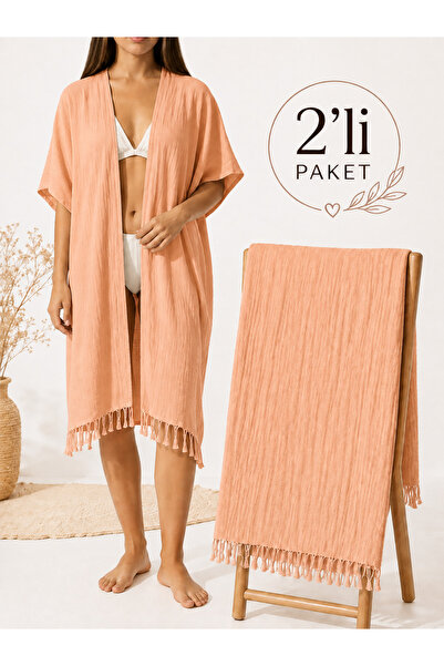 Blue Burgeon Kadın Müslin Kimono & Peştemal 2’li Plaj Seti – %100 Pamuk