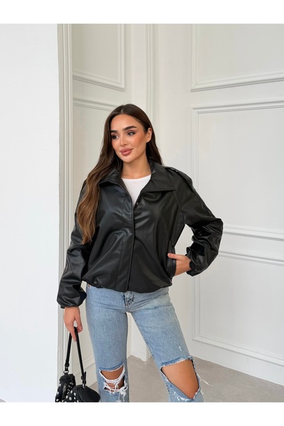 ginger love Women's Leather Look Snap-Fastener Leather Coat