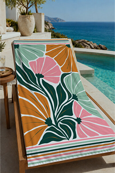 Evmila Green Pink Abstract Leaf Patterned 70X150 Beach Towel - Digital Printe...