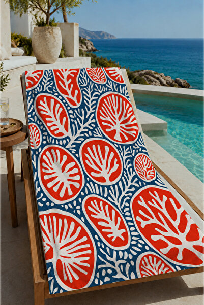Evmila Orange Navy Blue Botanical Leaf Patterned 70X150 Beach Towel - Digital...