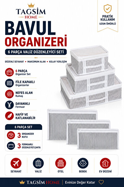 6 Parça Valiz Düzenleyici Organizer Seti – Bavul İçi Seyahat Çantası, Fileli Fermuarlı